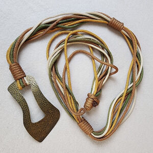 Braided Rope Belt w/Hammered Metal Buckle - Green, Gold, Beige